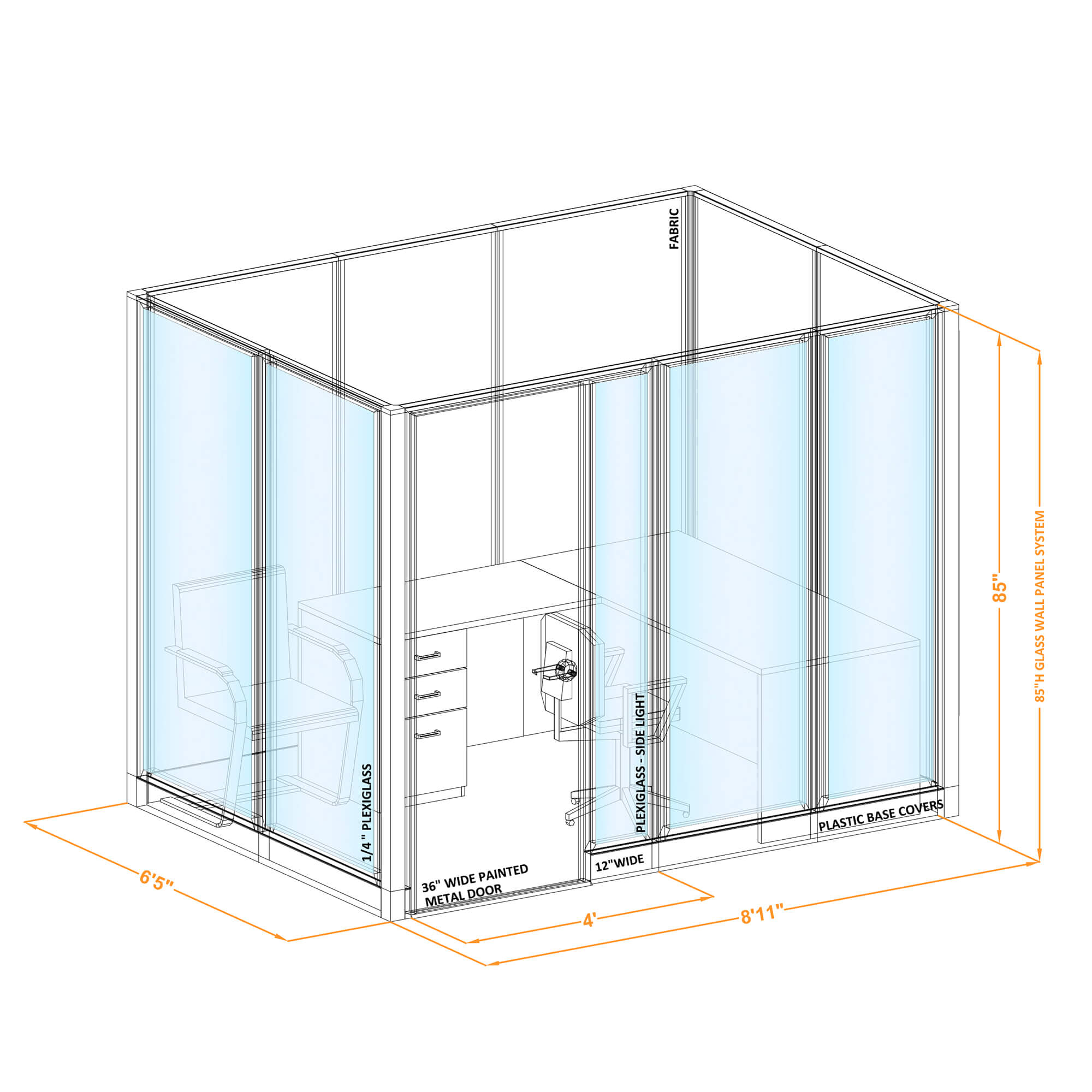 Modular glass office walls GWO O 86x60x850