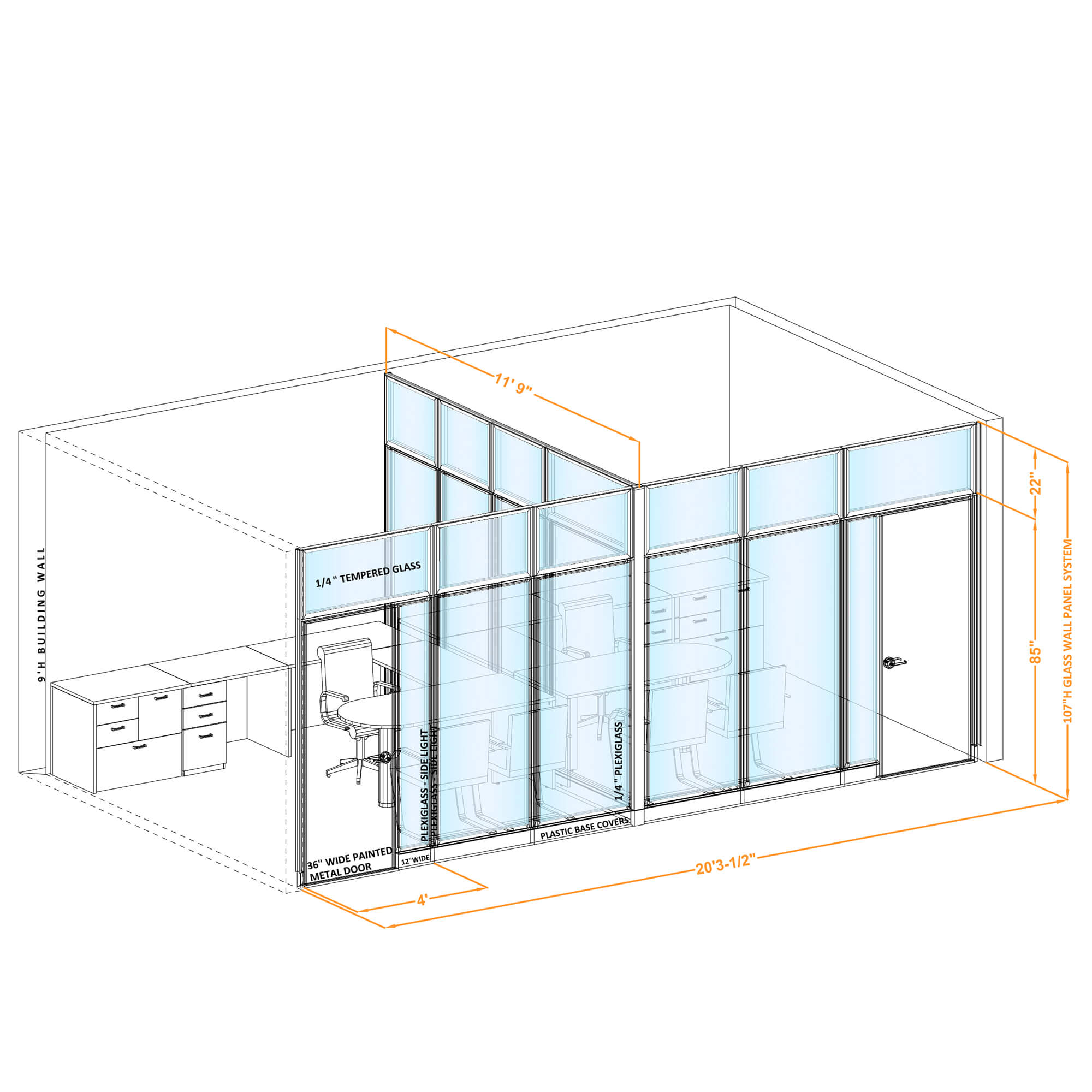 Modular glass office walls GWO T 100x116x1070