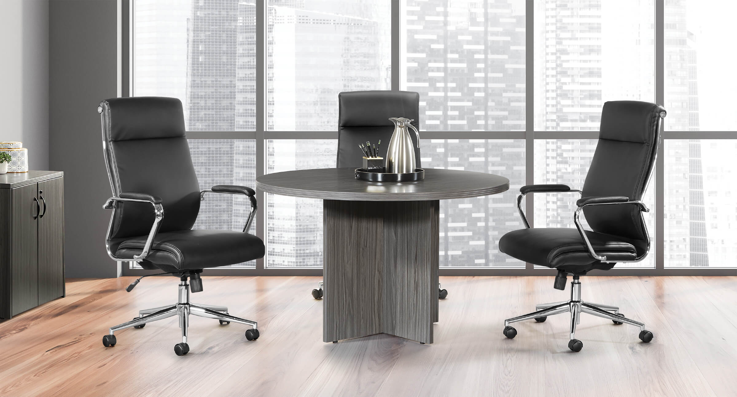 Conference room tables meeting tables contemporary round table urban walnut space view 1 2