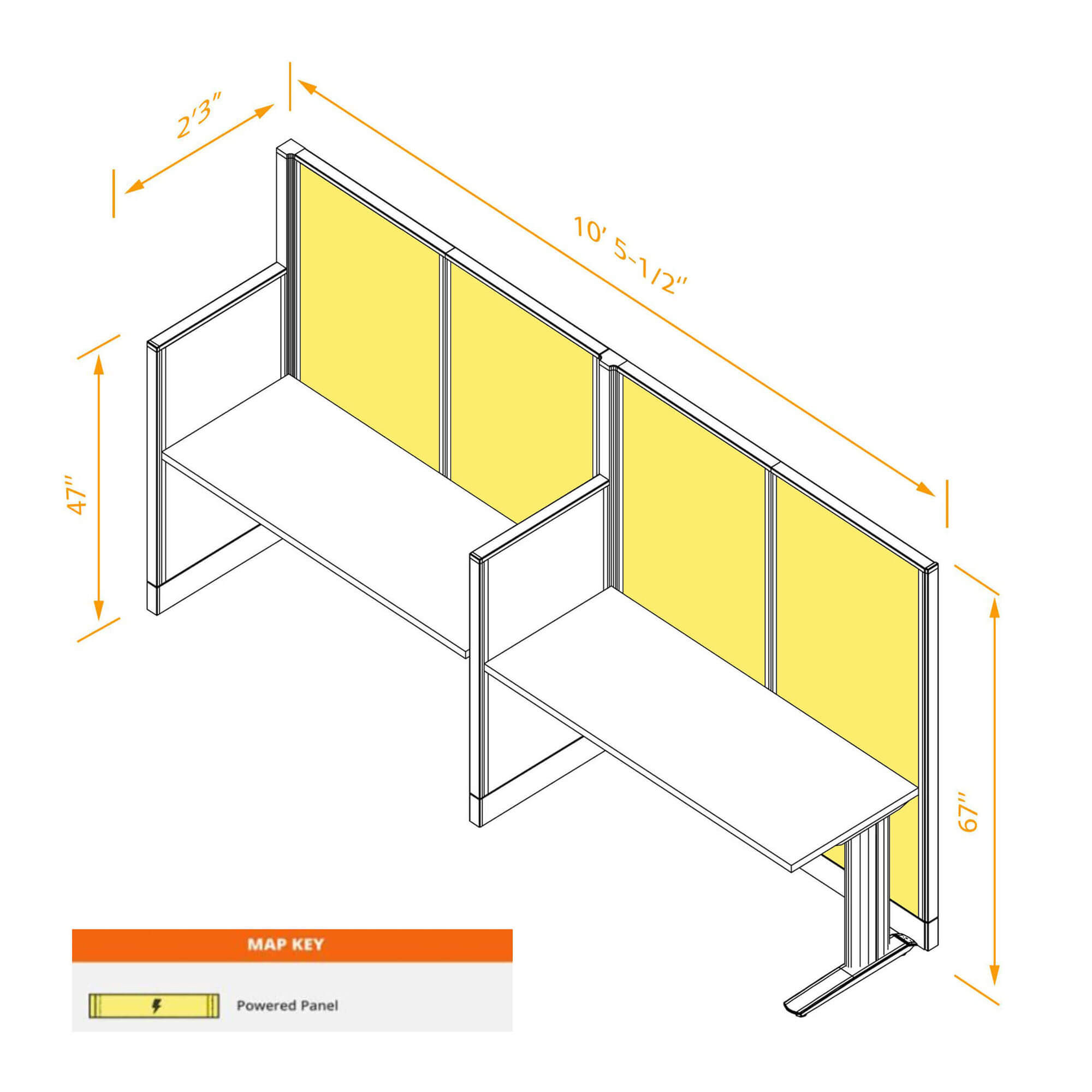 Straight workstation 2pack inline powered dimension