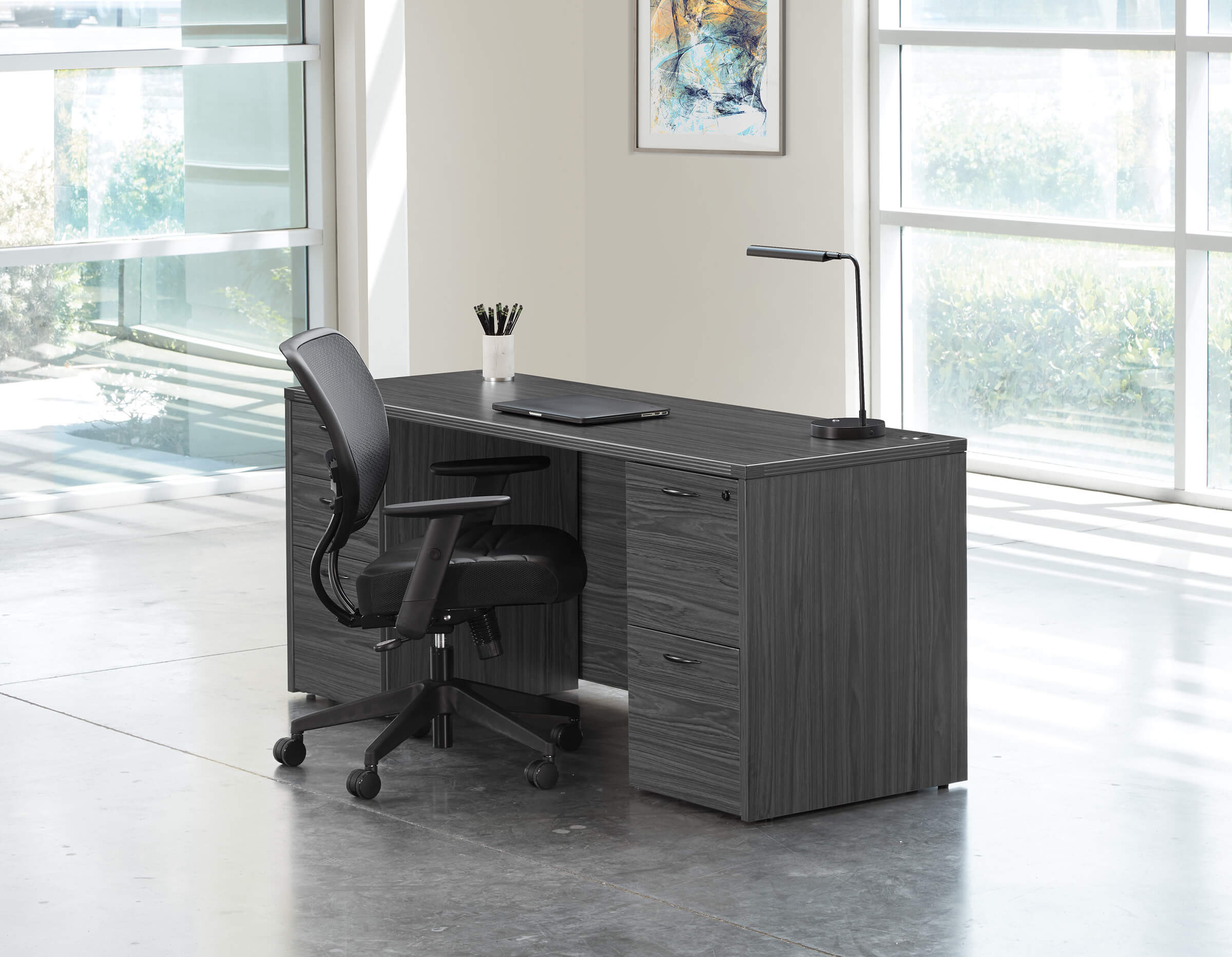 Straight office desk contemporary office desk laminate office desk slate grey space view 1 2