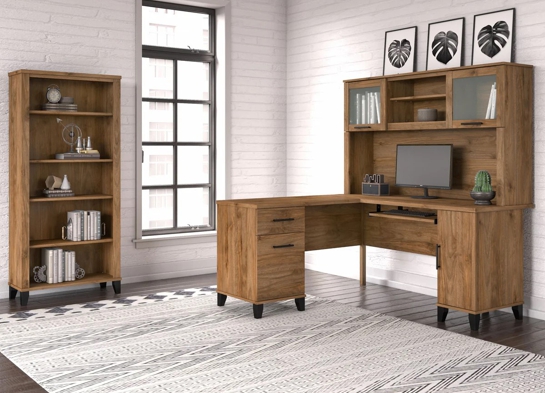 L shaped computer desk with 5 shelf bookcase 60W space view fresh walnut L shaped computer desk with 5 shelf bookcase 60W space view fresh walnut