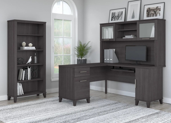 L shaped computer desk with 5 shelf bookcase 60W space view storm gray L shaped computer desk with 5 shelf bookcase 60W space view storm gray