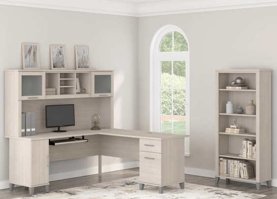 L shaped computer desk with 5 shelf bookcase 72 w space view sand oak L shaped computer desk with 5 shelf bookcase 72 w space view sand oak