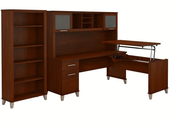 Modern office standing desk with 5 shelf bookcase highlight view hansen cherry