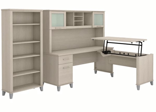 Modern office standing desk with 5 shelf bookcase highlight view sand oak