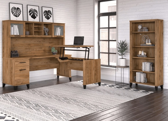 Modern office standing desk with 5 shelf bookcase space view fresh walnut