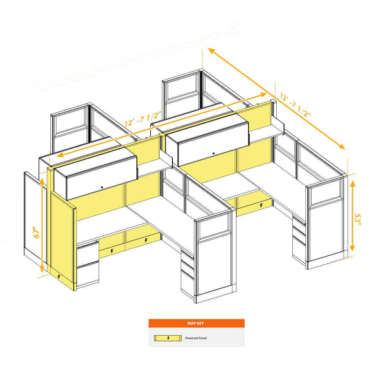 Modular furniture mixed height powered CUB 4C 53 67 P 66 PGL ESP WH PSO2