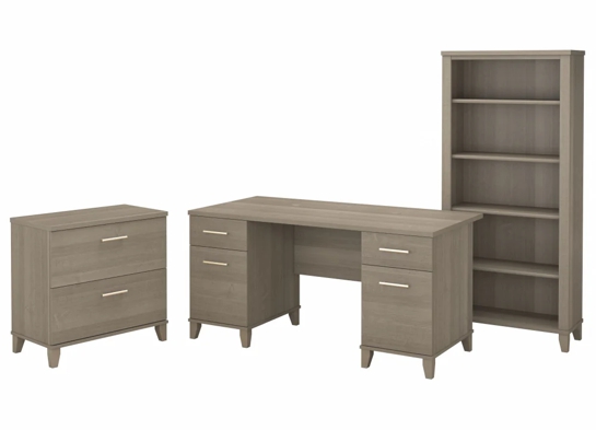 Office desk with 2 file drawers and 5 shelf bookcase highlight ash gray