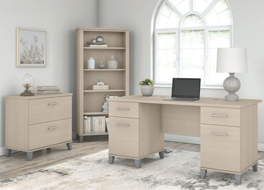 Office desk with 2 file drawers and 5 shelf bookcase space view sand oak