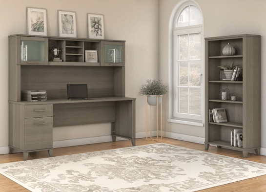 Office desk with hutch and 5 shelf bookcase space view ash gray 1