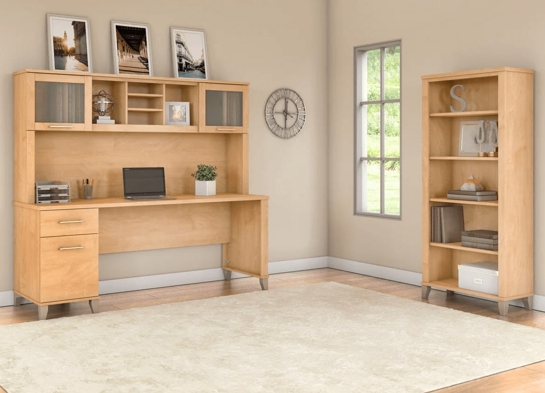 Office desk with hutch and 5 shelf bookcase space view maple cross 1