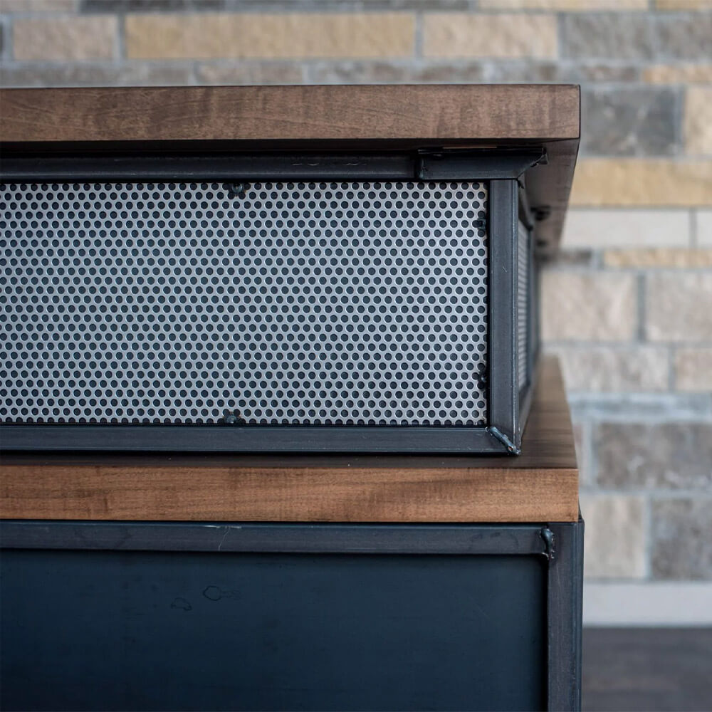 Industrial reception desk with return perforated front