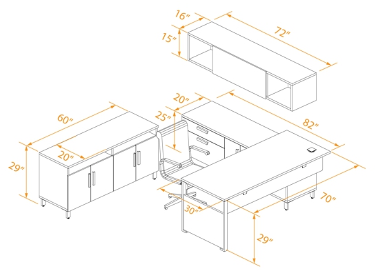 Prestige private office desk with credenza 3D dimensions