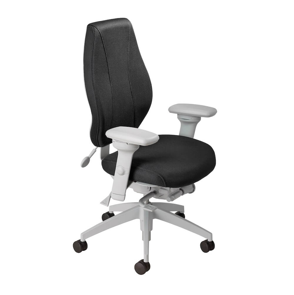 /shop/images/single product pages/office furniture chairs office desk chairs high back office chair ergonomic light gray frame and black fabric angle view