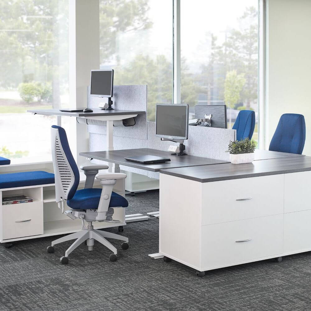 /shop/images/single product pages/office furniture chairs office desk chairs high back office chair ergonomic light gray frame and royal fabric workspace view