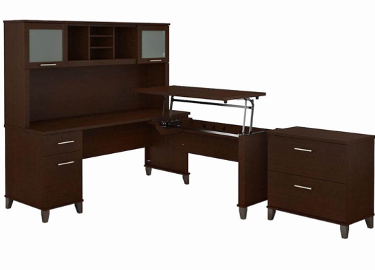 Sit and stand desk sit and stand corner desk standing desk with storage mocha cherry angle view Sit and stand desk sit and stand corner desk standing desk with storage mocha cherry angle view