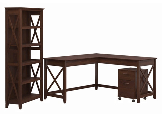 Western l shaped desk with 5 shelf wooden bookcase highlight bing cherry 1