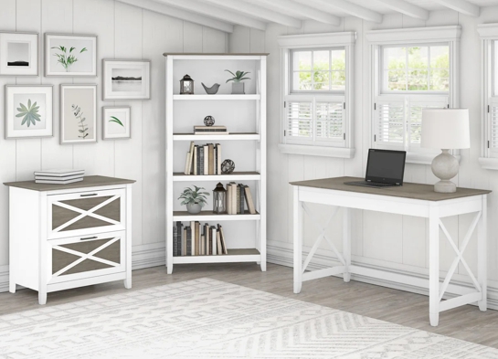 Western style desk with drawer lateral file cabinet and 5 shelf bookcase space view shiplap Western style desk with drawer lateral file cabinet and 5 shelf bookcase space view shiplap