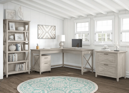 Western style office desk 5 shelf open bookcase space view washed gray Western style office desk 5 shelf open bookcase space view washed gray